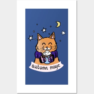 Sweet Pink Twilight Autumn Kitty with Hot Chocolate Posters and Art